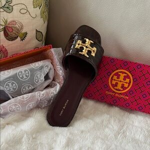 Tory Burch Brown Slide Sandals with Gold Logo Brand NEW
